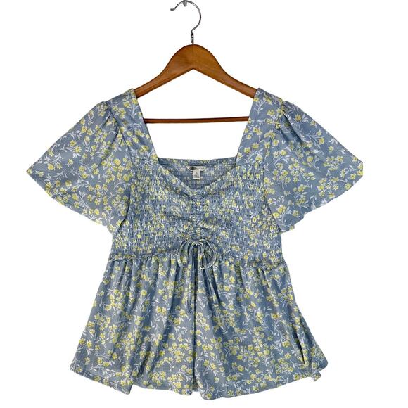 CATO Floral Shirt Women Small SS Pullover Top Stretch Blue Blouse Quaint Cottage - Picture 1 of 11